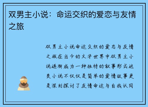 双男主小说：命运交织的爱恋与友情之旅